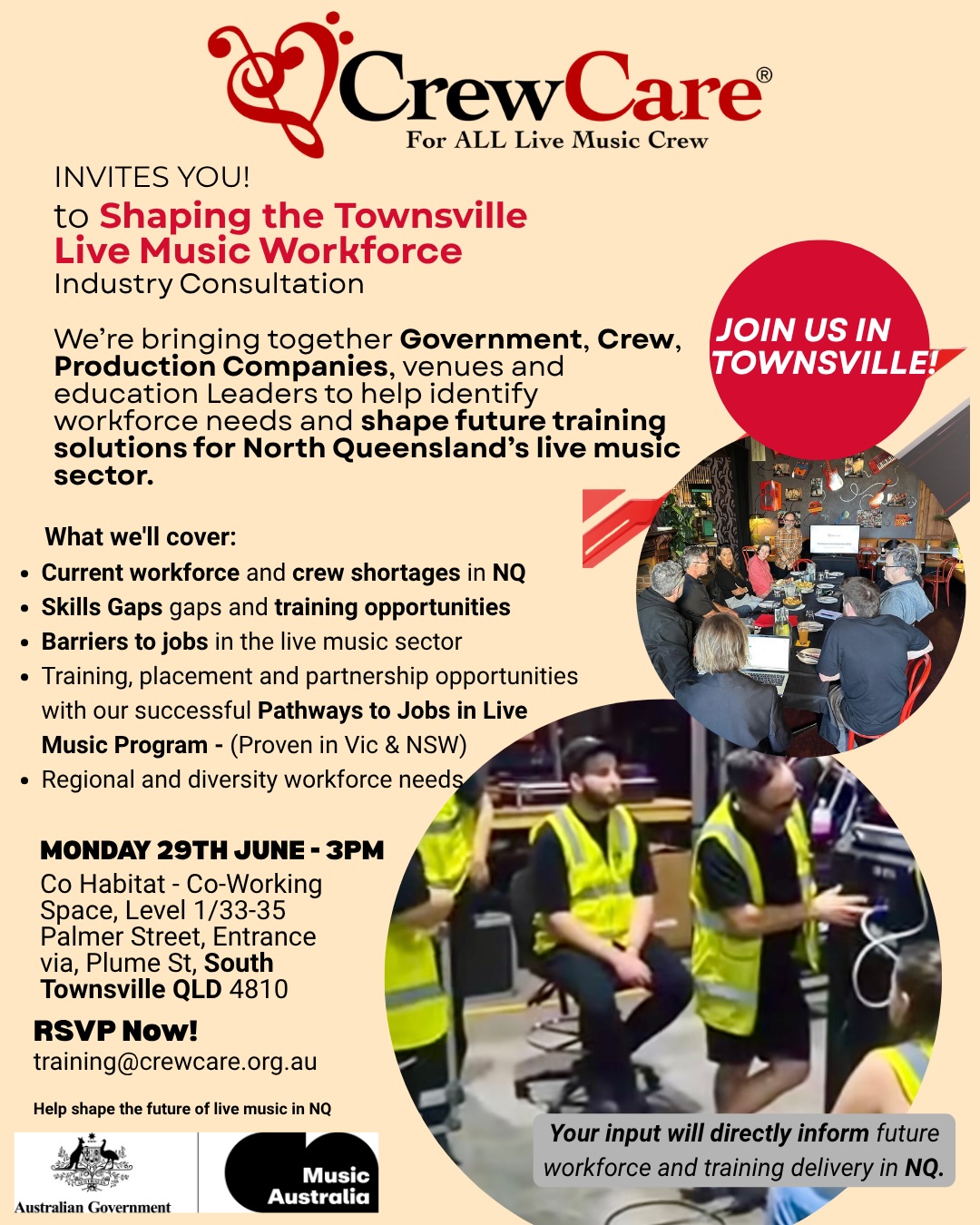 Shaping the TSV Live Music Workforce Industry Consultation We’re bringing together Government, Crew, Production Companies, venues and education Leaders to help identify workforce needs and shape future training solutions for Western Australia's liv - 1